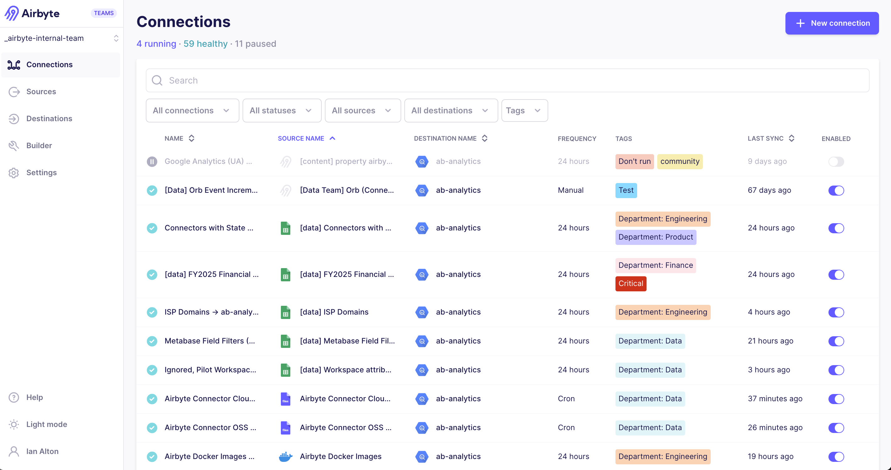 Connections page with tags applied to connections